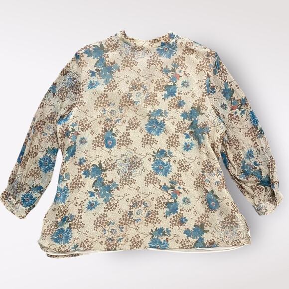 ICE Vintage Silk Beaded Blouse Womens Size 3X Beige‎  Blue Boho Floral - Picture 6 of 10
